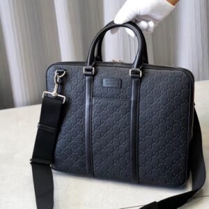 Gucci Signature Black Leather Slim Briefcase Men’s Embossed Calfskin Business Laptop Bag with Palladium-Toned Hardware