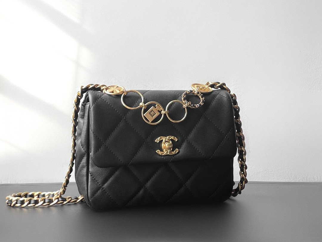 Chanel 23B Fall/Winter Calfskin Quilted Flap Bag with Gold Coin & Iconic Charms 19cm Black 5