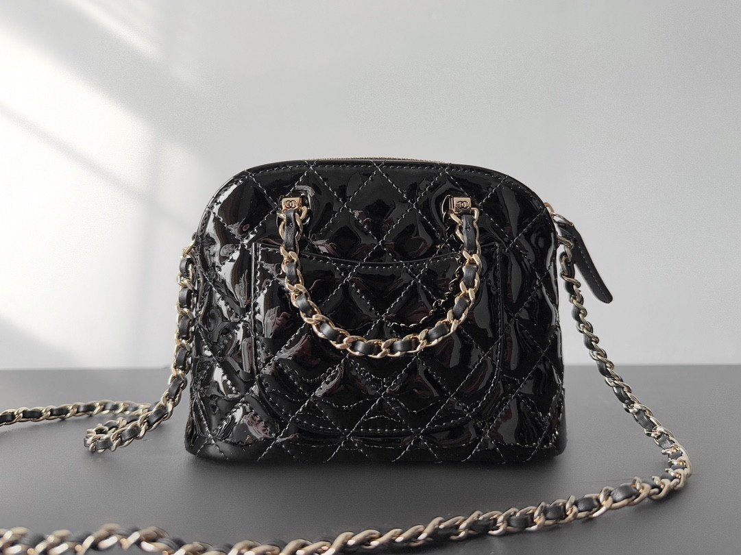 CHANEL 23S Rare Quilted Patent Leather Small Dome Shell Bag 16cm Timeless Black Gold 5
