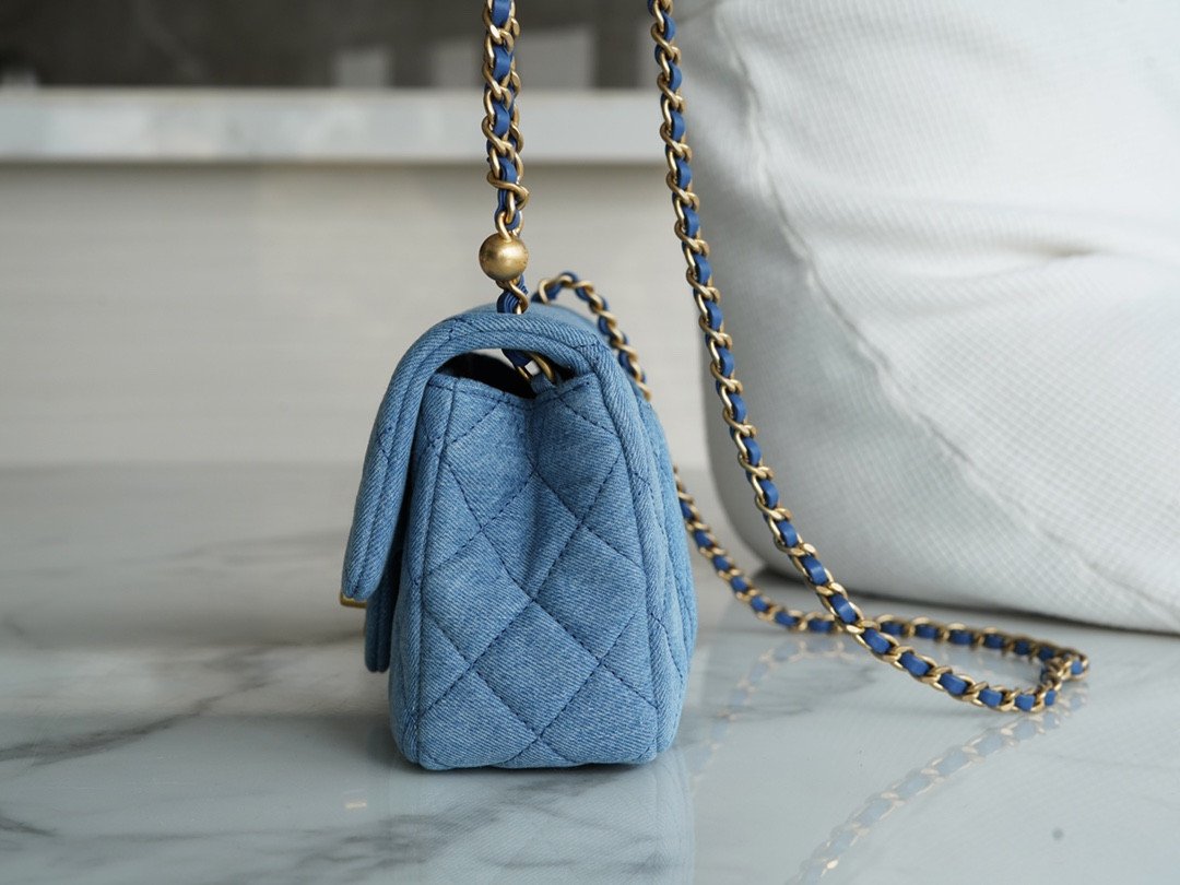 CHANEL 22C Quilted Denim Classic Flap Bag with Universal Adjustable Gold Ball Two Compact Sizes 6
