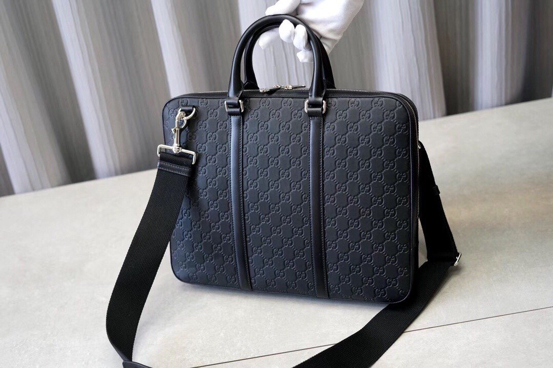 Gucci Signature Black Leather Slim Briefcase Men’s Embossed Calfskin Business Laptop Bag with Palladium-Toned Hardware 6