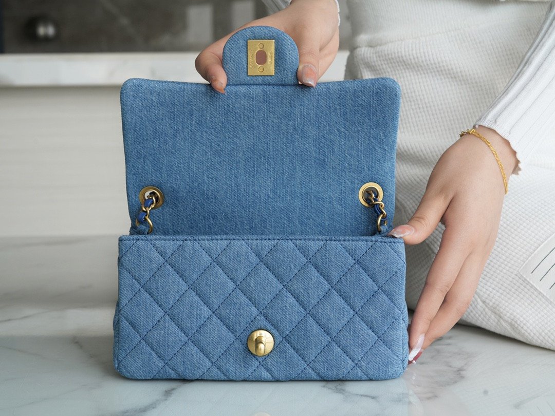 CHANEL 22C Quilted Denim Classic Flap Bag with Universal Adjustable Gold Ball Two Compact Sizes 7