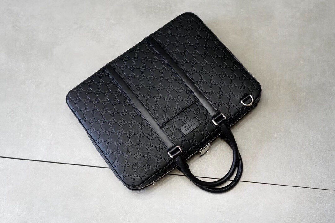 Gucci Signature Black Leather Slim Briefcase Men’s Embossed Calfskin Business Laptop Bag with Palladium-Toned Hardware 7