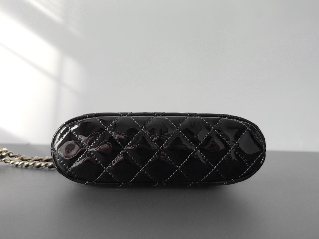 CHANEL 23S Rare Quilted Patent Leather Small Dome Shell Bag 16cm Timeless Black Gold 7