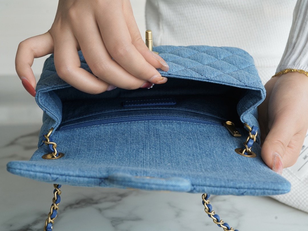 CHANEL 22C Quilted Denim Classic Flap Bag with Universal Adjustable Gold Ball Two Compact Sizes 8