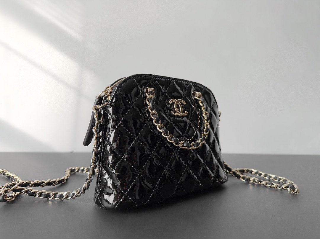 CHANEL 23S Rare Quilted Patent Leather Small Dome Shell Bag 16cm Timeless Black Gold 9