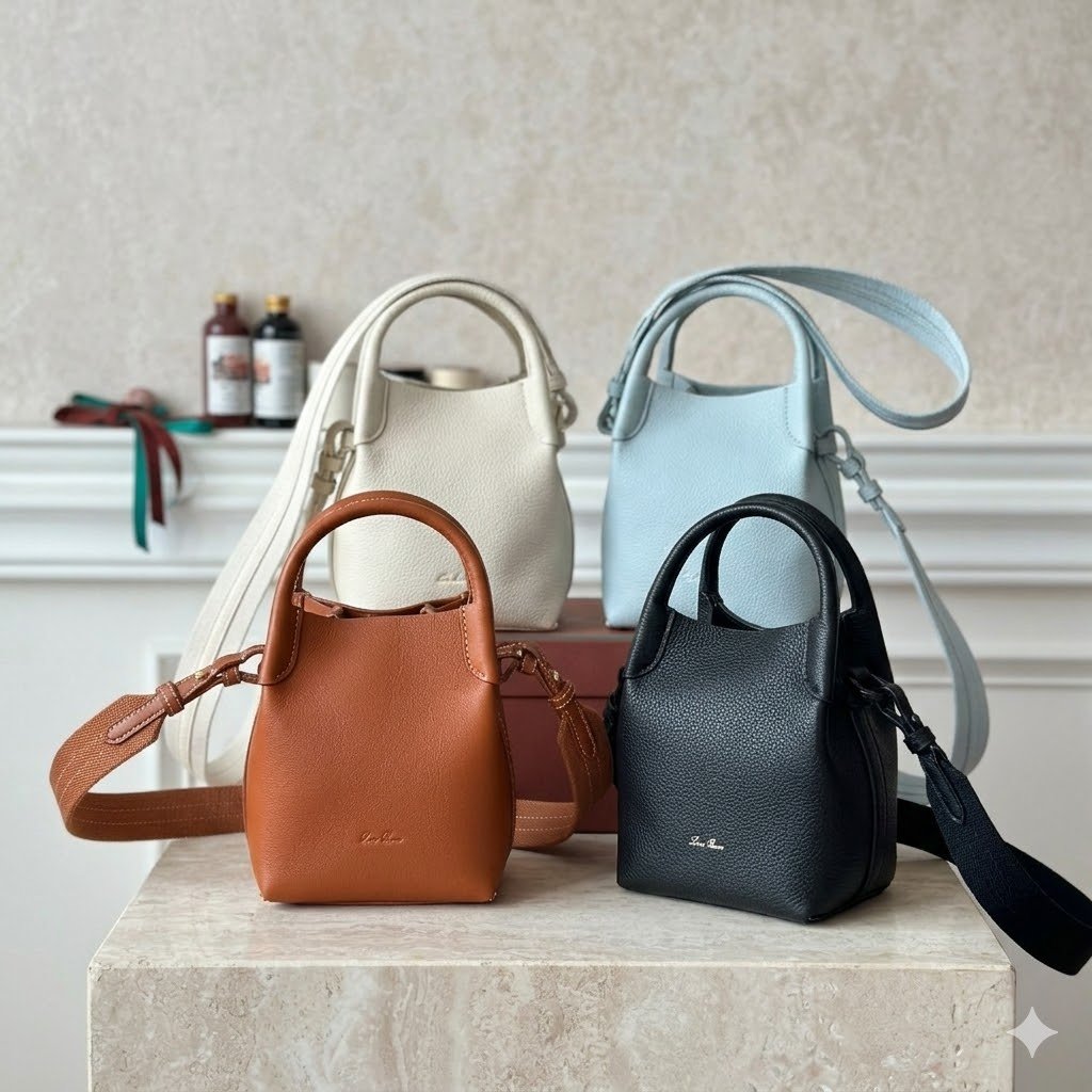 Loro Piana Mini Bale Bag 13x16x13cm Grained Calfskin Luxury Designer Mini Bucket Bag with Adjustable Crossbody Strap Loro Piana Mini Bale Bag 13x16x13cm Grained Calfskin Luxury Designer Mini Bucket Bag with Adjustable Crossbody Strap