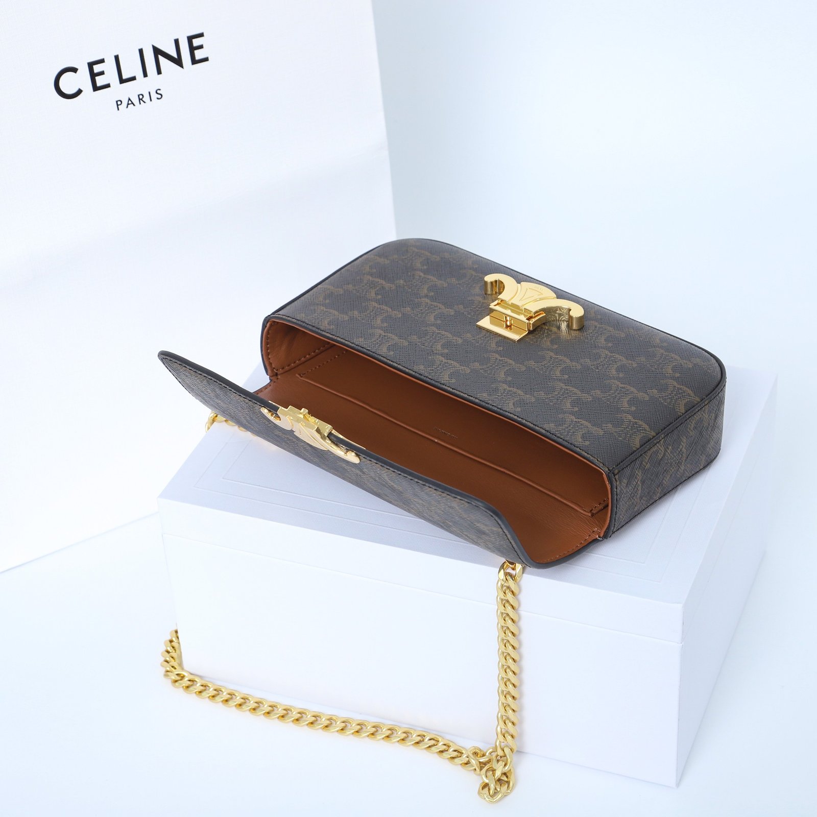 Celine Triomphe Chain Shoulder Bag 20.5cm Canvas and Calfskin Luxury Designer Crossbody for Women Image