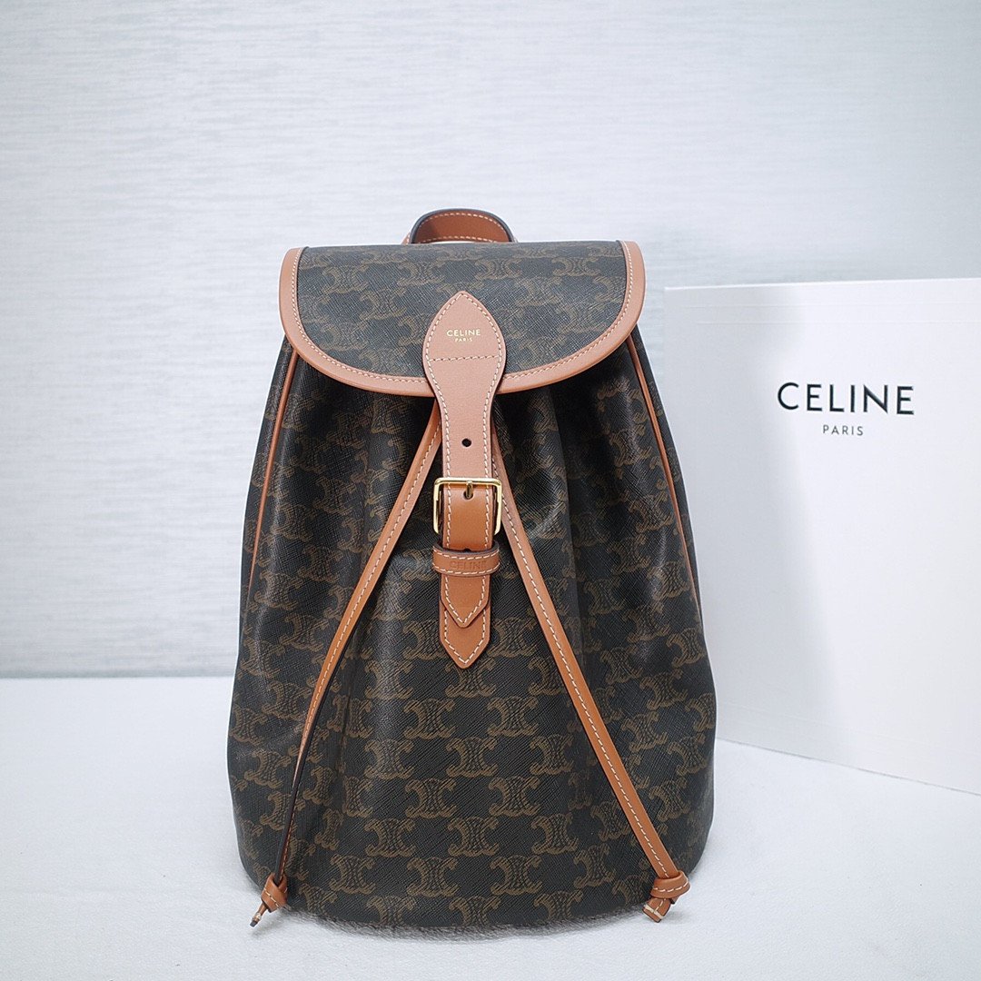 CELINE Triomphe Canvas & Calfskin Folco Backpack 23x30x16cm Timeless Vintage Drawstring Rucksack 1