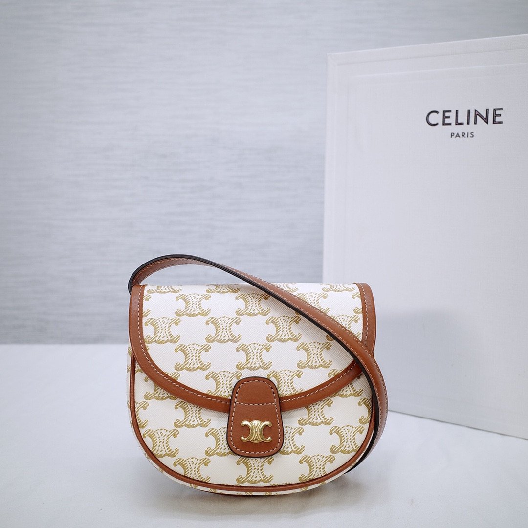 Celine Mini Besace Bag 15cm Triomphe Canvas and Calfskin Classic Tan & White Monogram Crossbody Shoulder Bag 1