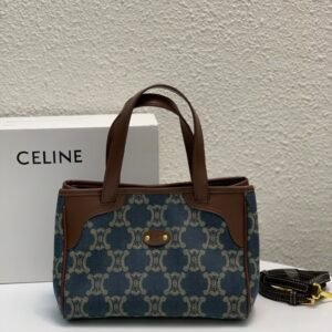 Celine Vintage Denim Triomphe Small Tote Bag 22cm Exquisite Monogram Shopping Bag with Calfskin Leather Trim 1