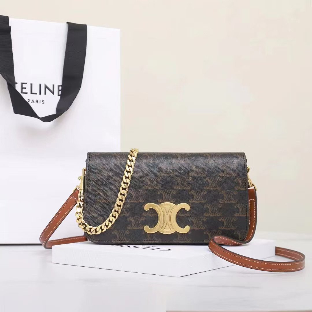 CELINE Triomphe Canvas and Calfskin 3-in-1 Chain Shoulder Bag 20.5cm Parisian Chic Crossbody and Underarm Bag 1