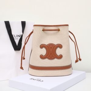 Premium Celine Triomphe Canvas and Leather Bucket Bag 25x28cm Vintage 3D Relief Logo Drawstring Shoulder Bag 1