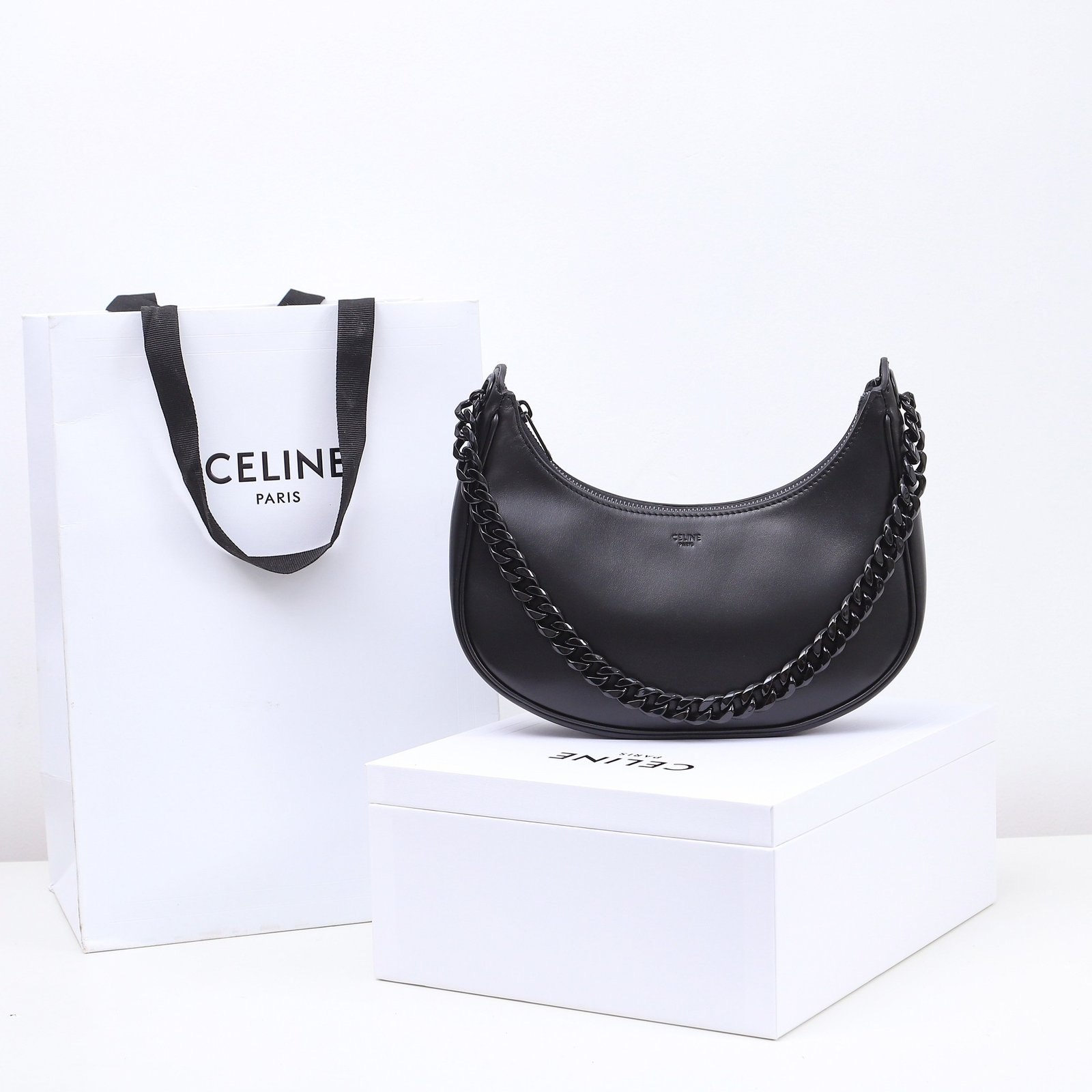 Celine Ava Chain Bag 25cm Smooth Calfskin Moon-Shaped Hobo Bag with Chunky Metal Chain Strap 1