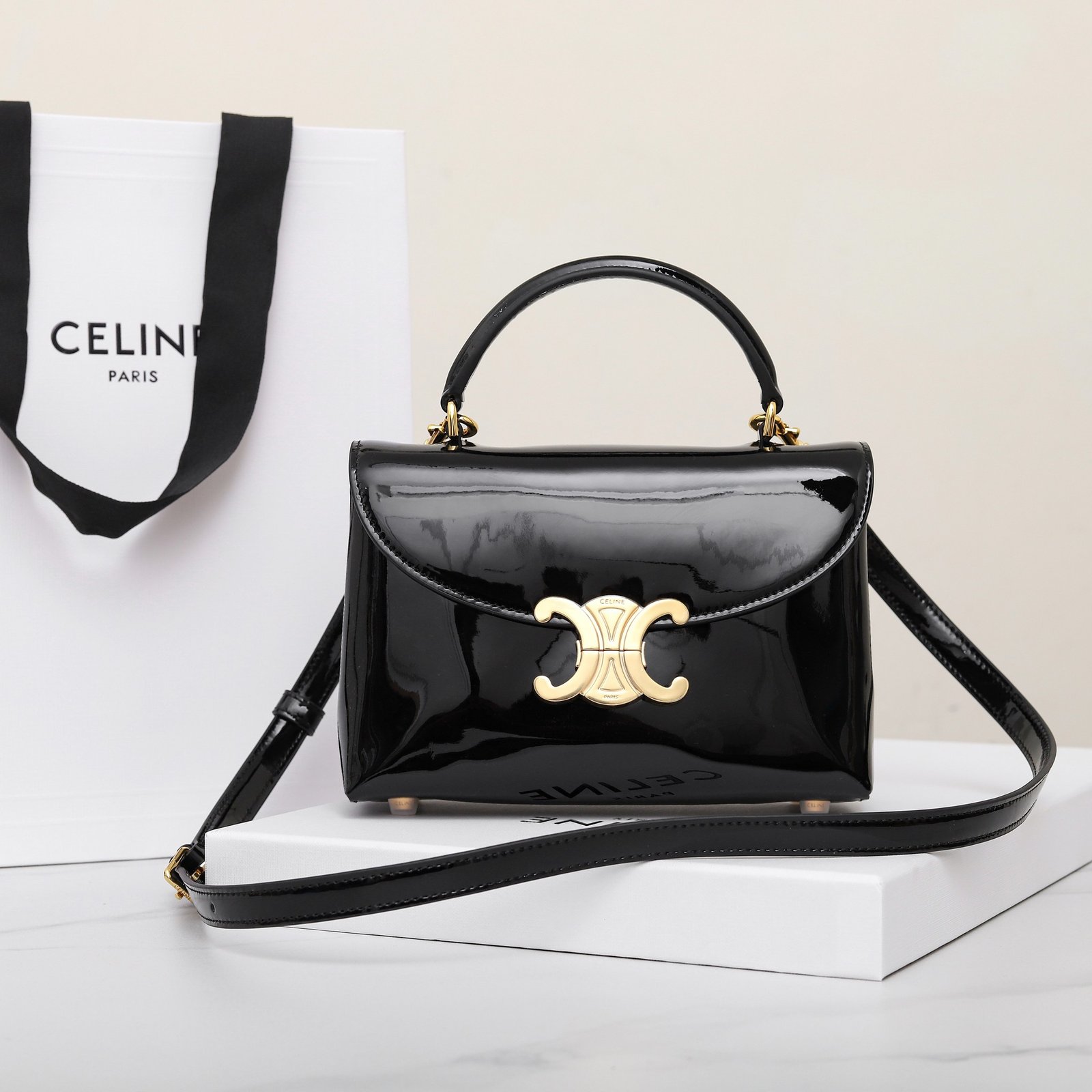 CELINE Triomphe Mirror Patent Leather Top Handle Bag 20cm Calfskin Small Trapezoid Kelly Handbag Crossbody Shoulder Purse 1