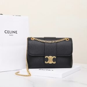 Celine Triomphe Chain Bag 25cm Supple Calfskin and Signature Canvas Medium Flap Shoulder Bag with Gold-Tone Hardware 1