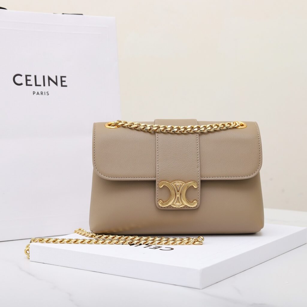 Celine Triomphe Chain Bag 21cm Calfskin Craftsmanship Black & Taupe Flap Bag – Image 1 Celine Triomphe Chain Bag 21cm Calfskin Craftsmanship Black & Taupe Flap Bag – Image 1