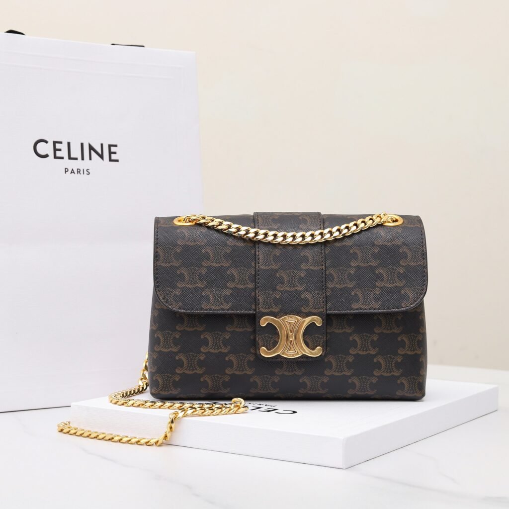 Celine Triomphe Chain Bag 23.5cm Monogram Canvas Handbag – Image 1 Celine Triomphe Chain Bag 23.5cm Monogram Canvas Handbag – Image 1