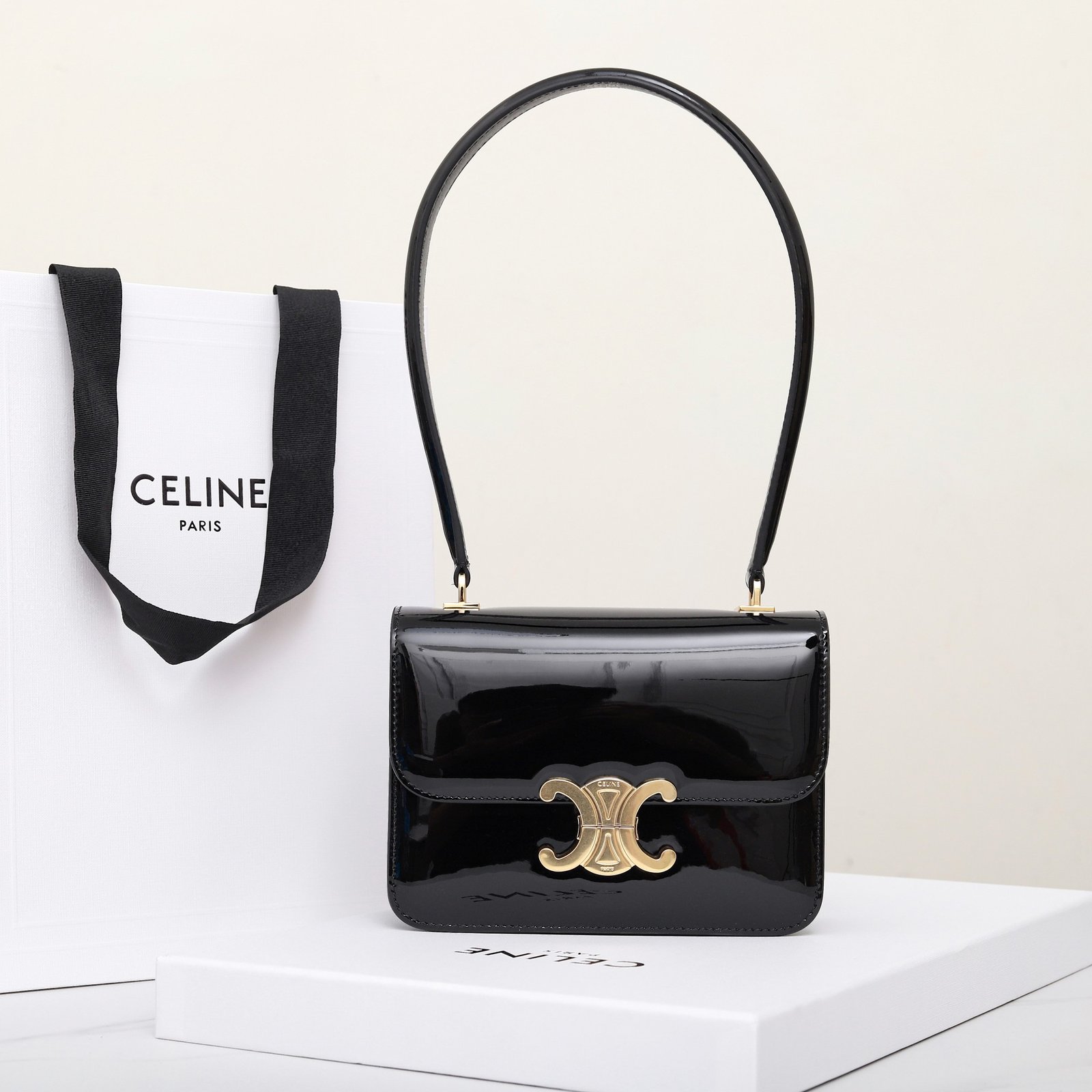 CELINE Teen Triomphe Bag Shiny Patent Calfskin Luxury Designer Shoulder Bag Gold Triomphe Clasp Crossbody 1