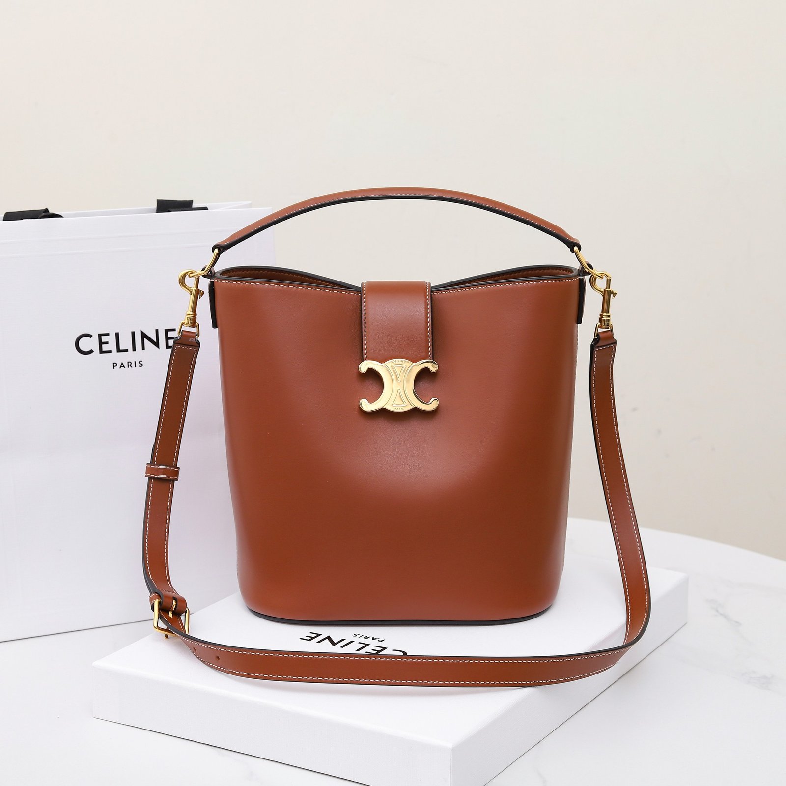 CELINE Triomphe Bucket Bag 28cm Calfskin Smooth Leather Shoulder Bag for Women with Adjustable Crossbody Strap 1