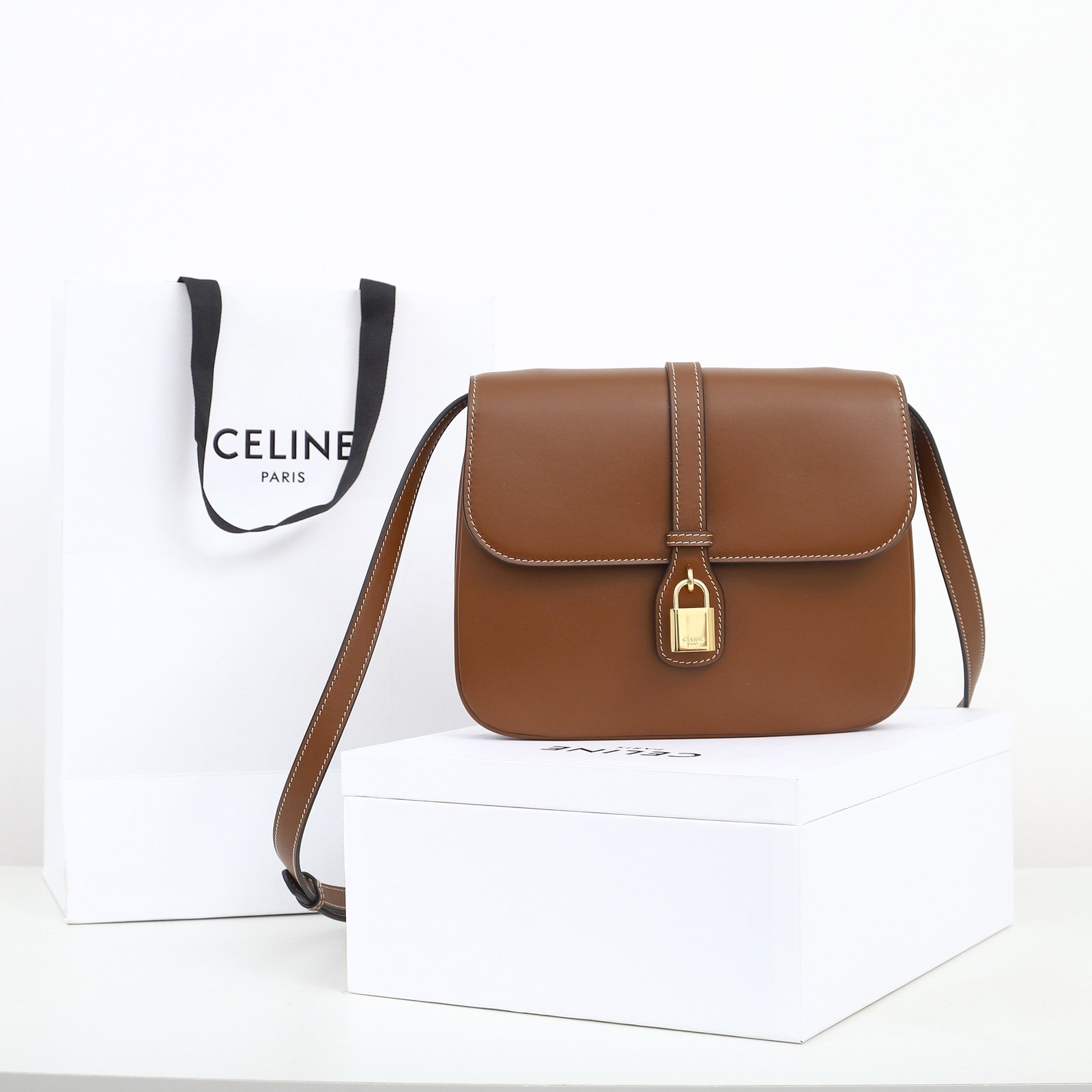 CELINE TABOU Medium Shoulder Bag 22cm Smooth Tan Calfskin Vintage Inspired Crossbody Bag with Gold Padlock Hardware 1