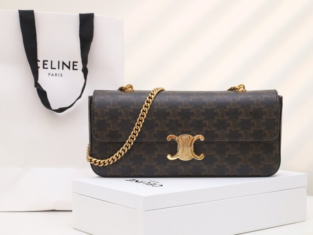 Celine Triomphe Chain Bag 33cm Shiny Calfskin Leather Underarm Bag – Image 1 Celine Triomphe Chain Bag 33cm Shiny Calfskin Leather Underarm Bag – Image 1