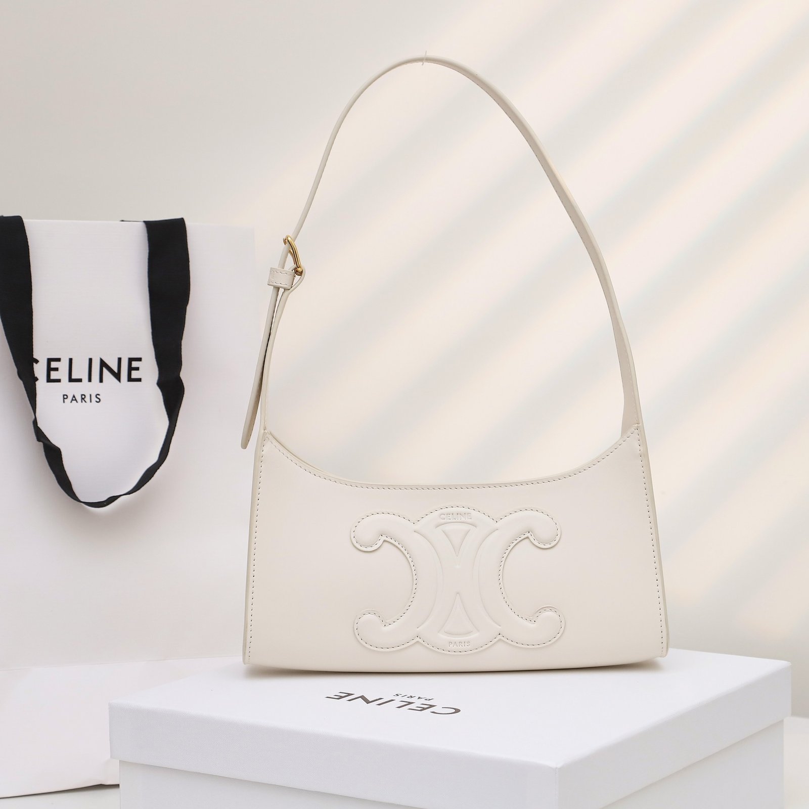 CELINE Triomphe Embossed Calfskin Shoulder Bag Matte Leather Mini Hobo Underarm Bag Handbag for Women 1