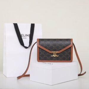 CELINE Triomphe Canvas and Calfskin Envelope Shoulder Bag 22cm Classic Tan Monogram Accordion Crossbody with Gold Finish Hardware 1