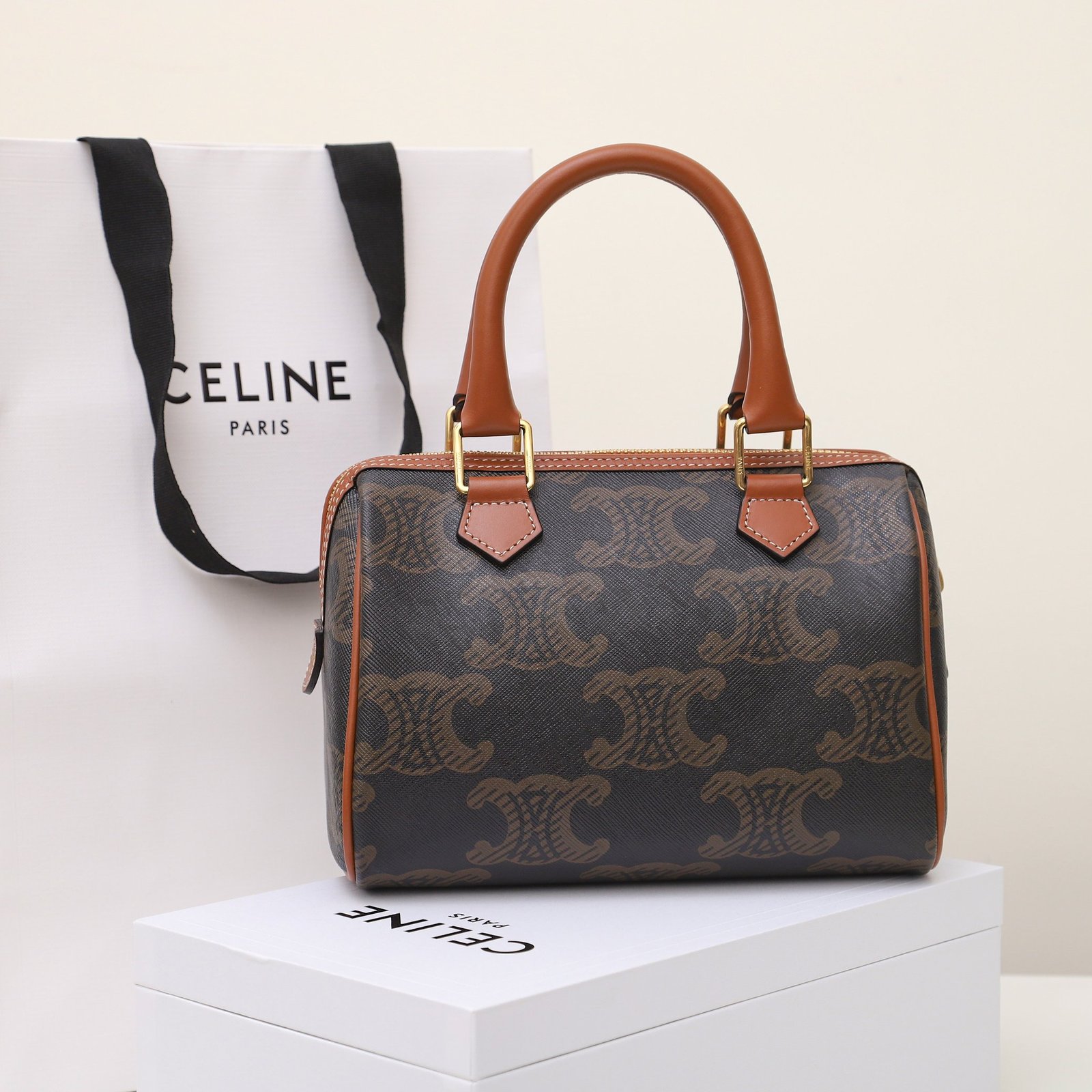 Celine Triomphe Canvas Small Boston Bag 19.5cm Vintage-Inspired Luxury Pillow Bag with Italian Leather Trim 1