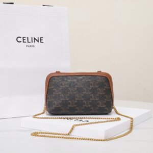 CELINE Triomphe Canvas and Calfskin Mini Chain Clutch Bag Italian Leather Shell Pouch for Women Crossbody Shoulder Bag 1