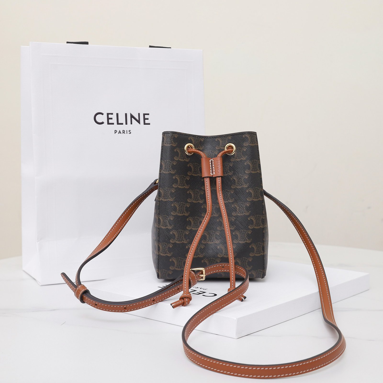 Celine Small Bucket Bag 13.5cm Brown Triomphe Canvas Crossbody with Adjustable Strap Compact Designer Everyday Purse 1