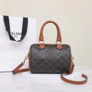 CELINE Small Boston Bag Triomphe Canvas and Calfskin Vintage Monogram Handbag Tan Crossbody Bag with Strap 1