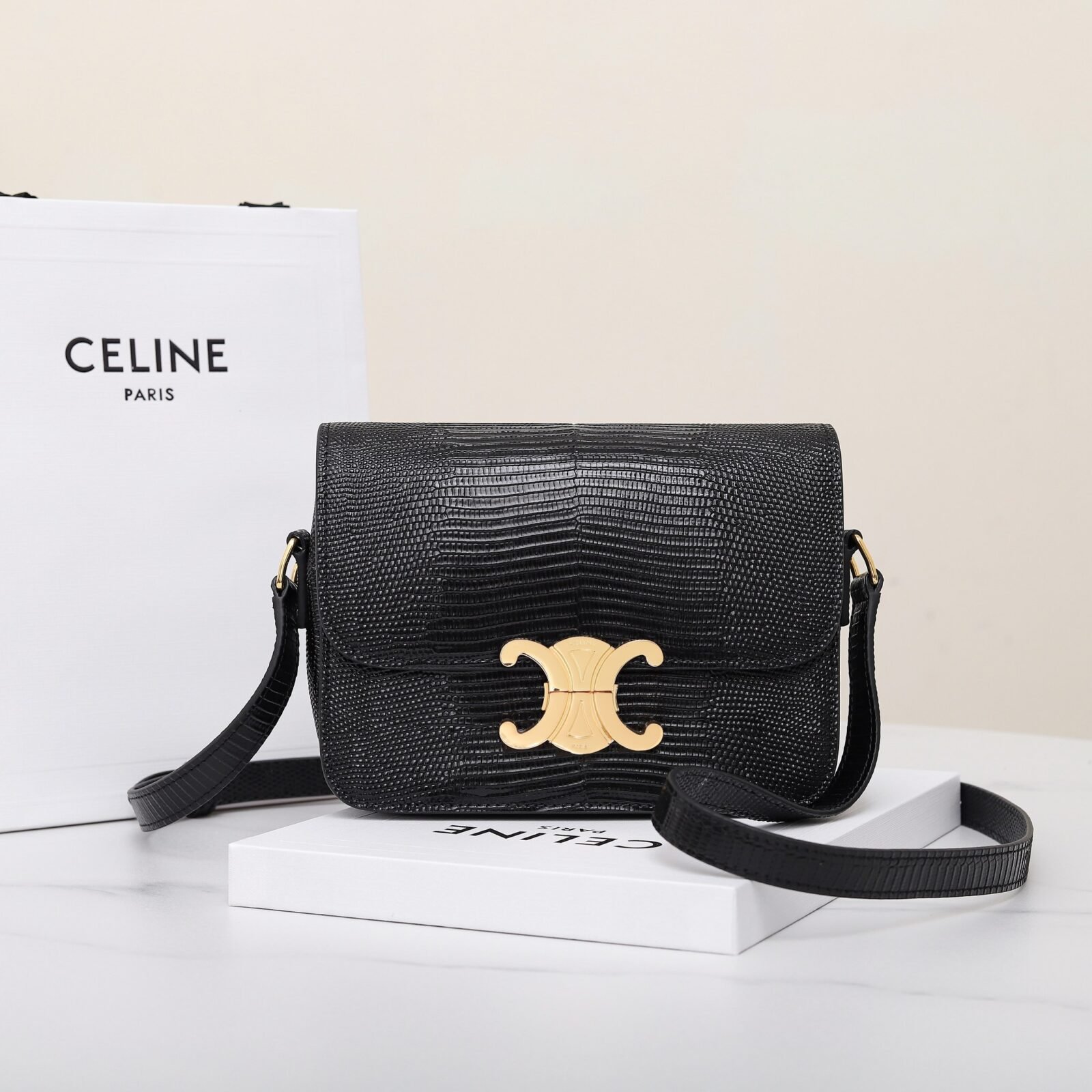 Celine Triomphe Classique Shoulder Bag 18.5cm Lizard and Crocodile Embossed Leather Crossbody Handbag 1