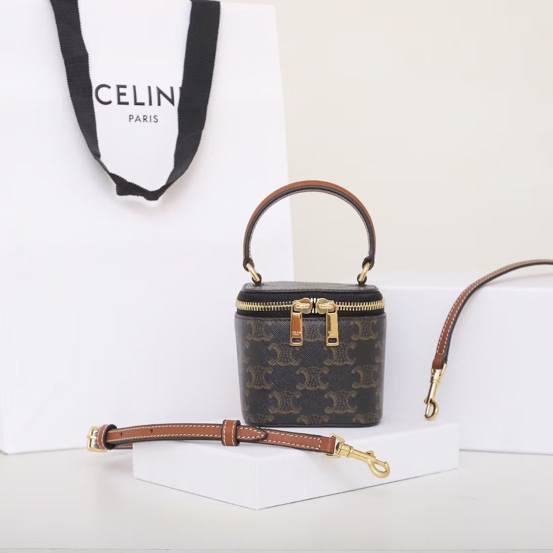 CELINE Mini Vanity Case 9.5cm Triomphe Canvas with Calfskin Leather Small Crossbody Vanity Box Bag 1