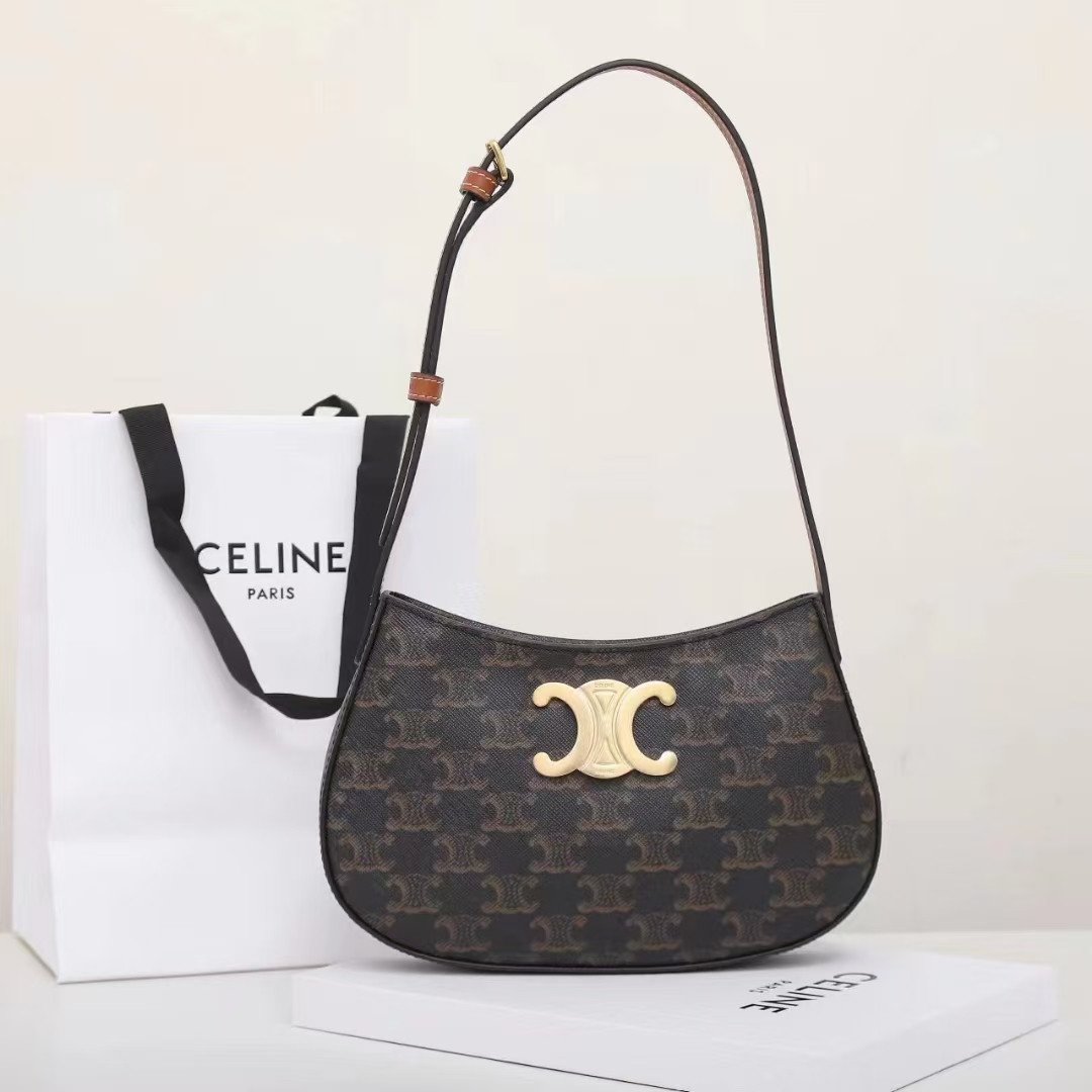 CELINE Triomphe Canvas and Calfskin Ava Bag 22cm Tan Underarm Shoulder Bag Premium Leather Hobo Bag 1