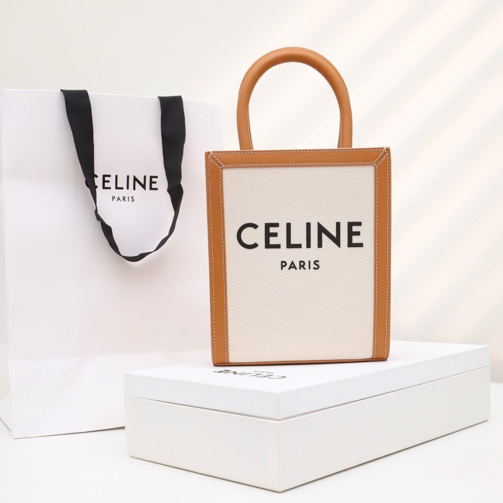 Celine Mini Vertical Cabas Tote Bag 17x21cm Textile and Calfskin Tan/White Handbag – Image 1