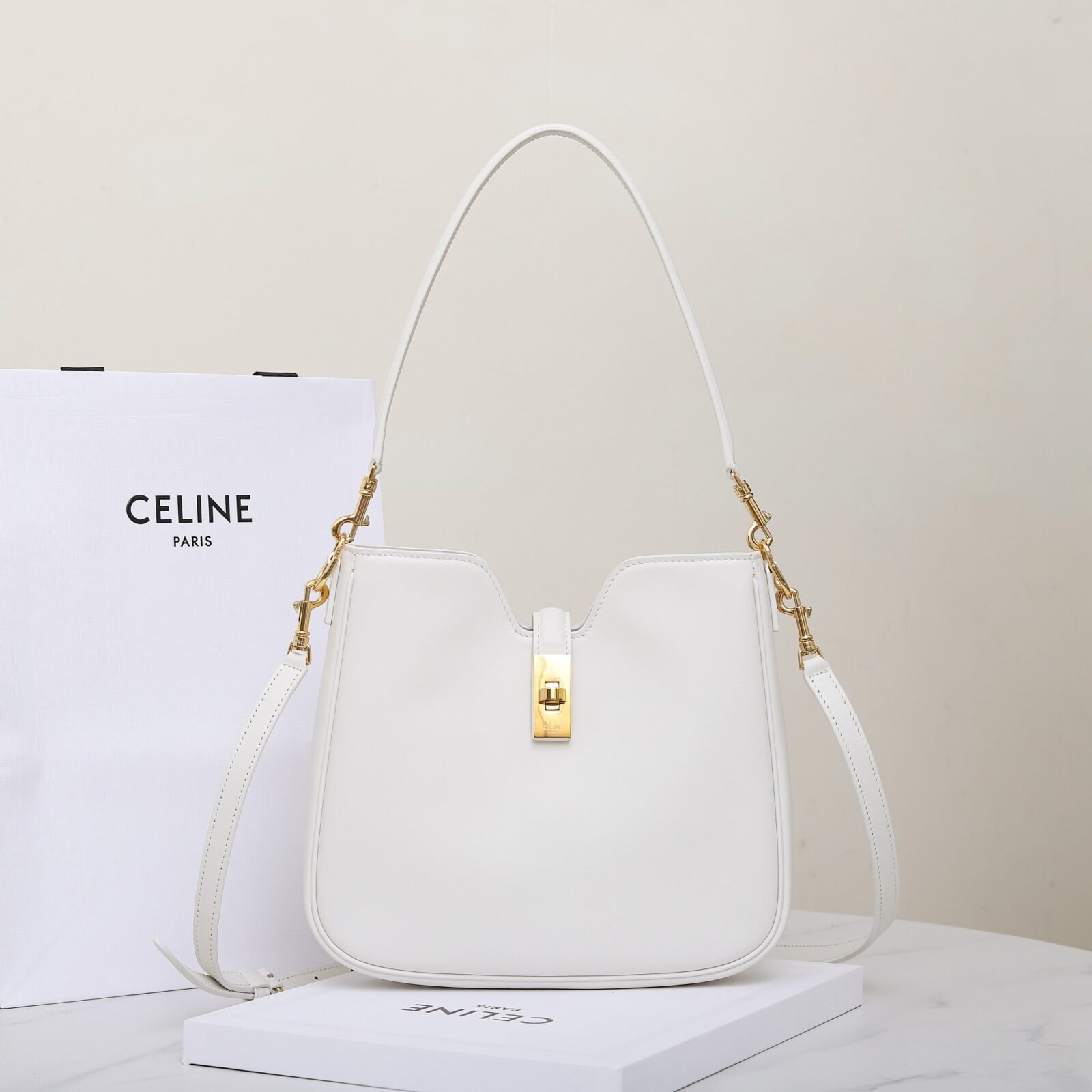 Celine Calfskin Shoulder Bag 24.5cm Minimalist Crossbody Handbag with Gold Hardware Twist-Lock 2025 1