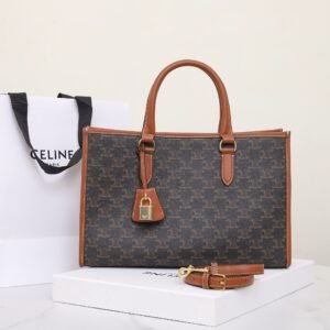 CELINE Horizontal Cabas Tote Bag 35cm Triomphe Canvas and Calfskin Leather Crossbody and Handbag with Strap 1