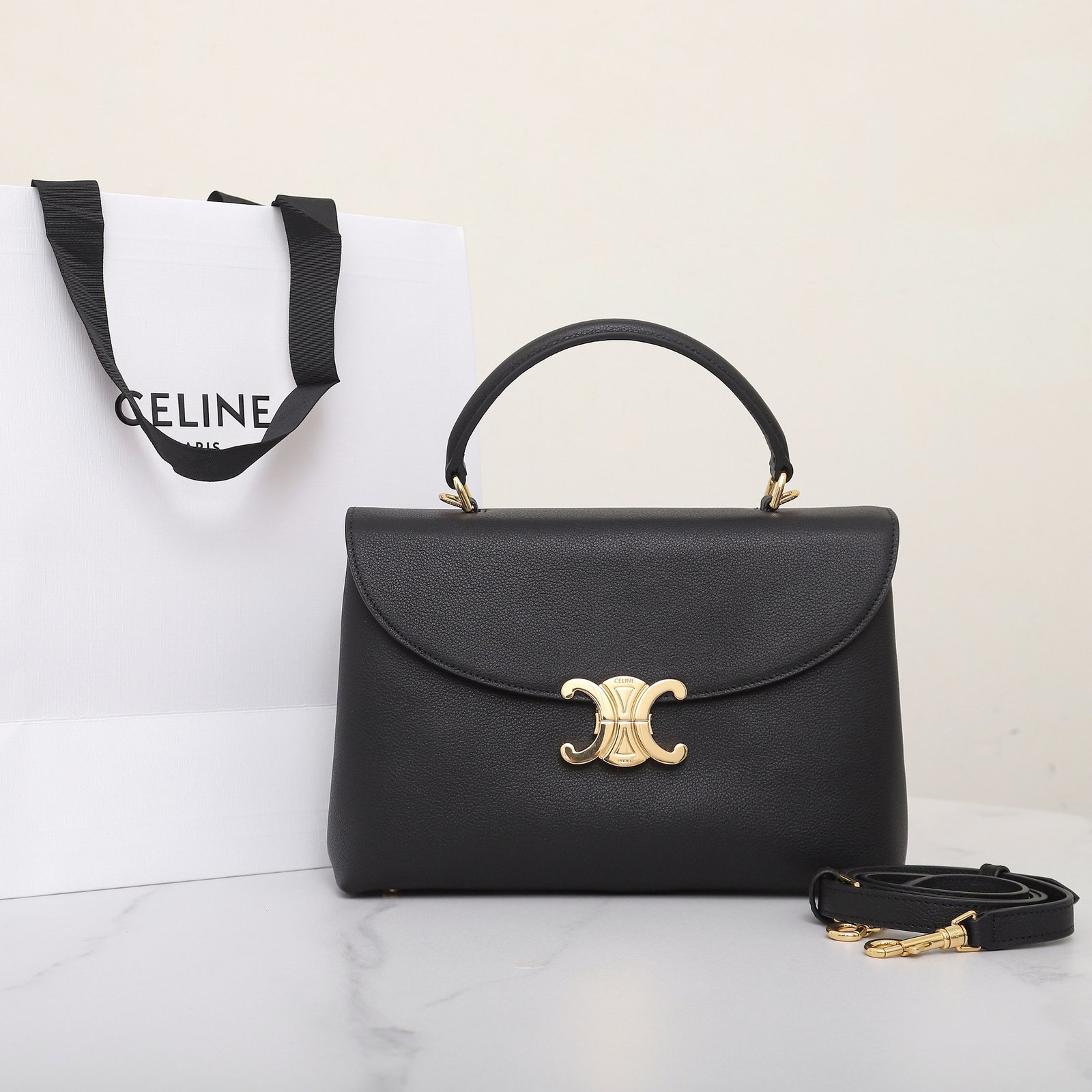 CELINE NINO Top Handle Bag 26cm Black Grained Calfskin with Gold Triomphe Hardware Luxury Crossbody Handbag 1