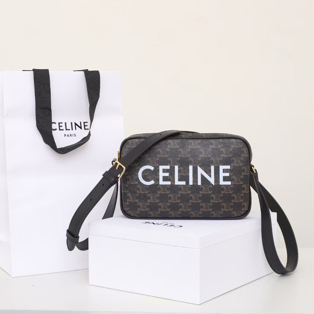 CELINE Triomphe Canvas Camera Bag 23cm Luxury Designer Crossbody Messenger Bag with White Logo & Calfskin Leather 1