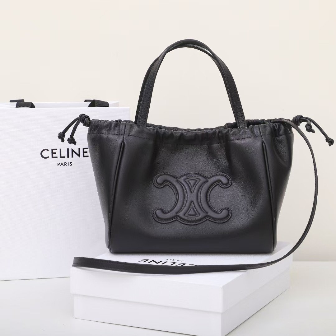 Celine Triomphe Cuir Drawstring Bag 22cm Small Smooth Calfskin Leather Crossbody Handbag with Embossed Logo 1