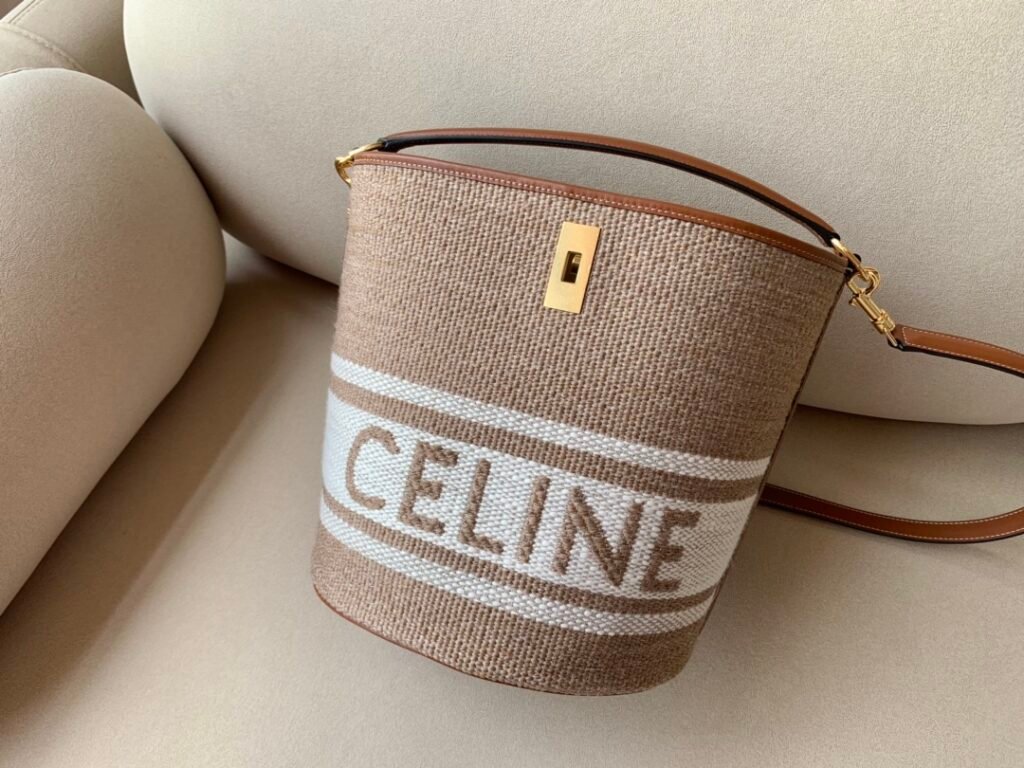 CELINE 16 Bucket Bag 23x25cm Calfskin vs. Linen Jacquard 5 Colors Handbag – Image 1