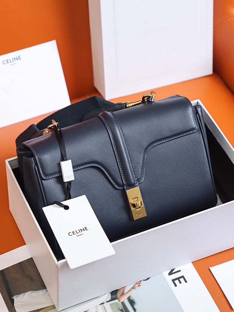 CELINE TEEN SOFT 16 Bag 23cm Smooth Calfskin Tan and Navy Blue Crossbody Bag with Strap – Image 1