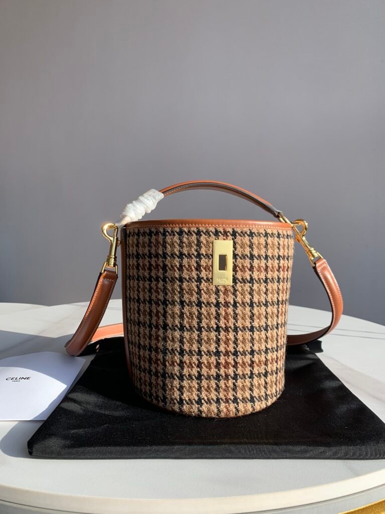 CELINE Teen Bucket 16 Bag Houndstooth vs. Tan Calfskin Handbags – Image 1