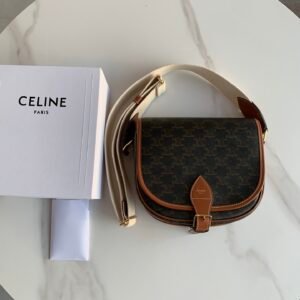 CELINE Large Folco Bag 22cm Triomphe Canvas and Calfskin with Textile Strap Vintage Unisex Saddle Bag 1