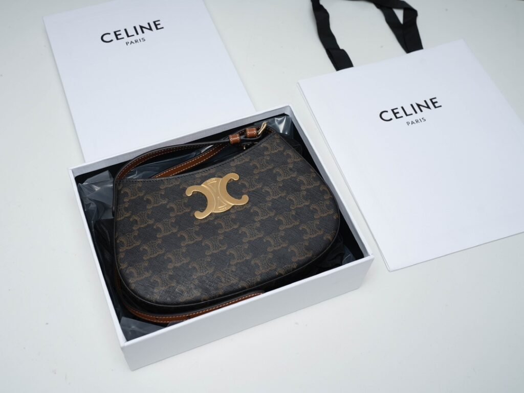 CELINE TILLY Bag 2024 Shiny Calfskin & Triomphe Canvas Shoulder Bag Black/Tan 23cm – Image 1