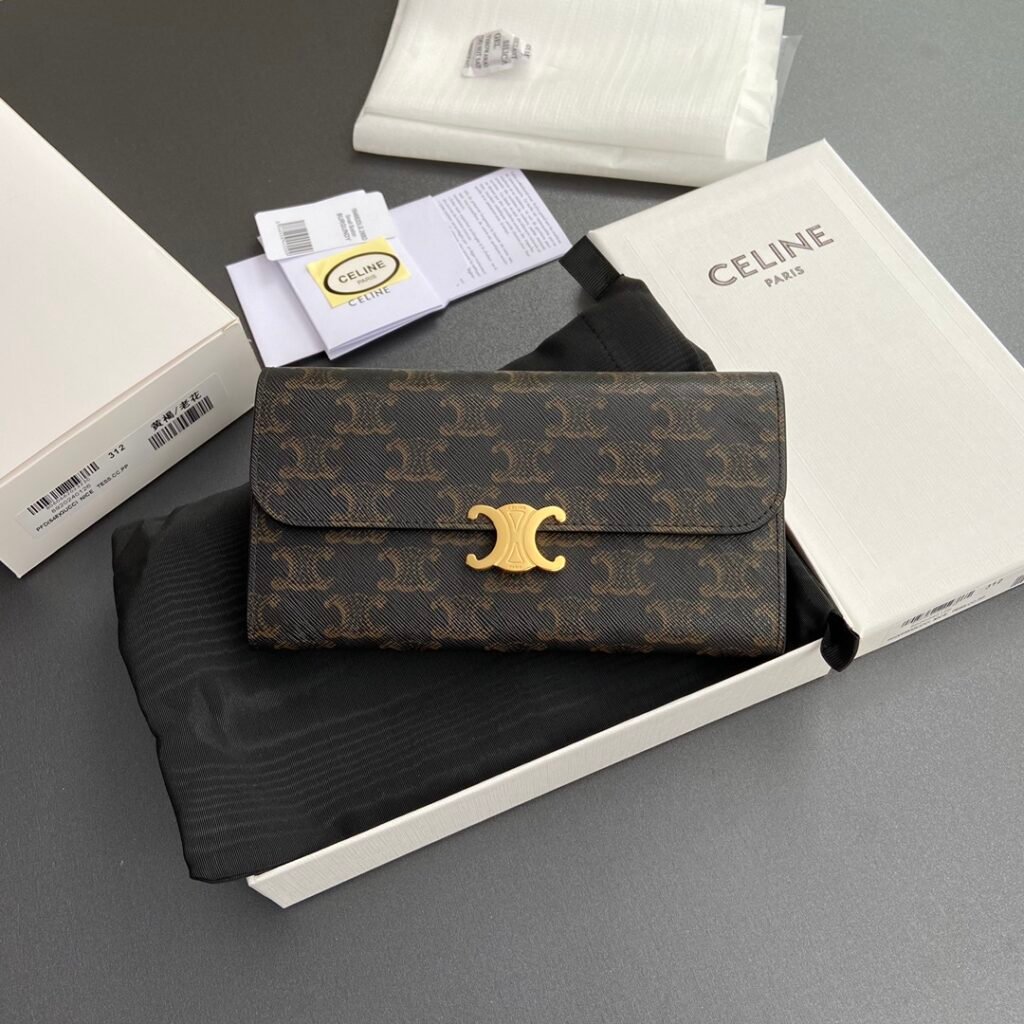 CELINE TRIOMPHE Large Flap Wallet 19cm WOC in Canvas, Black & Pebble Calfskin – Image 2