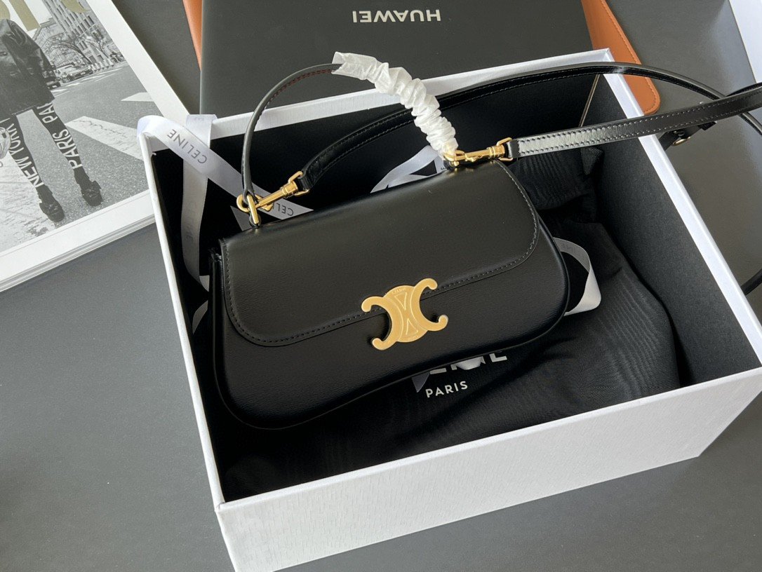 Celine Teen Lola Bag 22.5cm Shiny Calfskin Versatile Shoulder and Crossbody Bag with Gold-Tone Triomphe Clasp Celine Teen Lola Bag 22.5cm Shiny Calfskin Versatile Shoulder and Crossbody Bag with Gold-Tone Triomphe Clasp