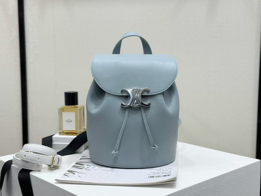 Celine Small Triomphe Backpack Shiny Calfskin Pale Blue Mini Rucksack for Women – Image 1 Celine Small Triomphe Backpack Shiny Calfskin Pale Blue Mini Rucksack for Women – Image 1