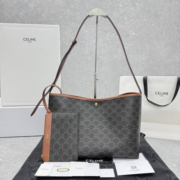 1 CELINE Soft Shopper Bag 33cm Triomphe Canvas Calfskin Large Tote 13-inch Laptop Chic French Shoulder Bag